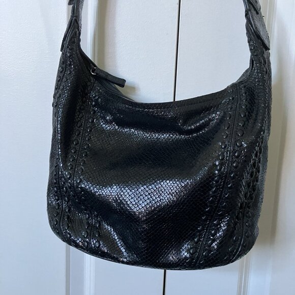 Brighton Black Leather Purse Womens Hobo Slouchy Faux Snakeskin Western Buckle - Picture 1 of 16